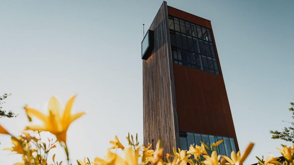 Solbergtårnet i tre og cortenstål, sett nedenfra med gule blomster i forgrunnen.