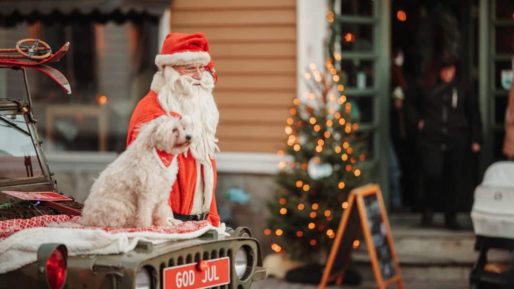 Julenisse og hund på pyntet bil foran cafe i Gamlebyen.