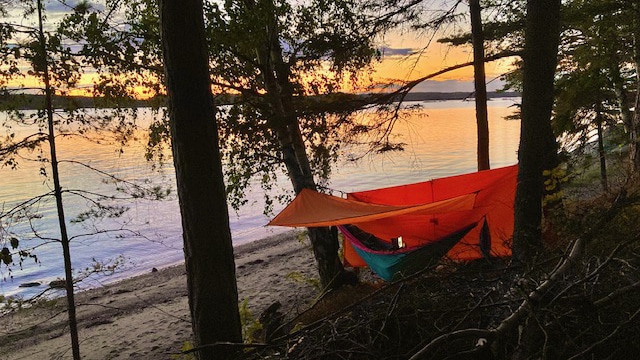Hengekøye med tarp og vindskydd hengt opp mellom trær ved sjøen i solnedgang.