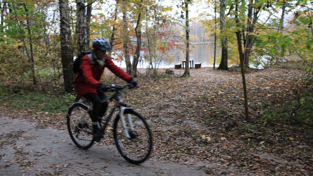 Syklist i rød jakke på sti gjennom høstfarget skog langs Glomma.
