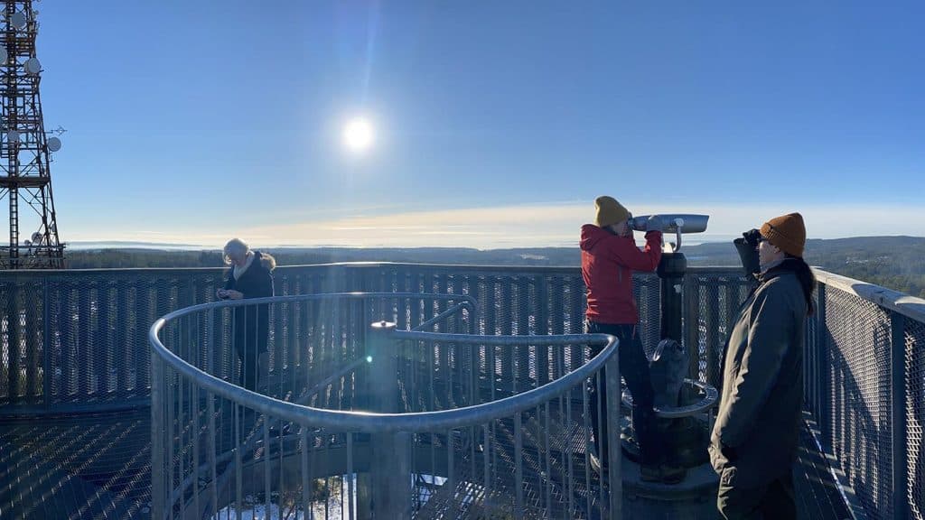 Folk nyter utsikten fra utsiktstårnet på Sprinklet i Fredrikstad en solrik dag.